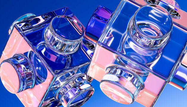 Layered 3D glass module filling a vivid blue composition