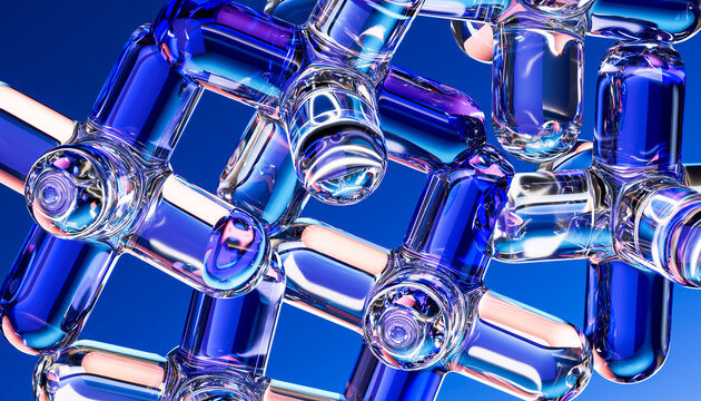 Networked 3D glass connector creating a geometric blue web