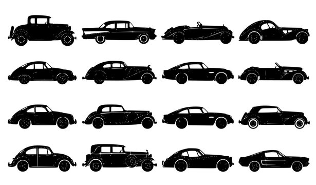 Retro vintage car black silhouette vector illustration set