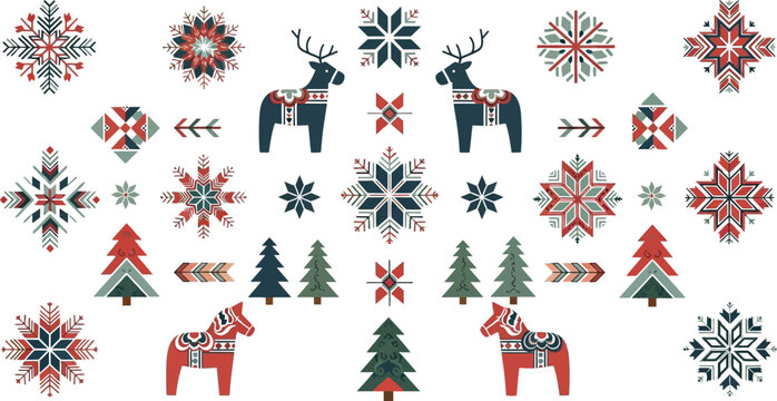 Nordic folk art Christmas elements collection with deer, dala horses, and snowflakes.