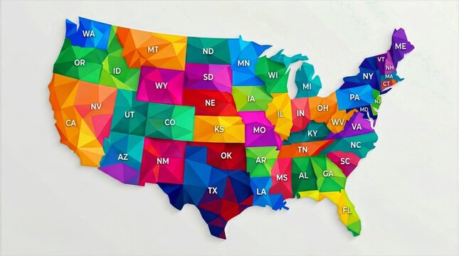 Colorful geometric map of the United States with state labels