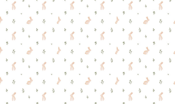 Cute seamless baby pattern with small rabbits and leaves seamless illustration