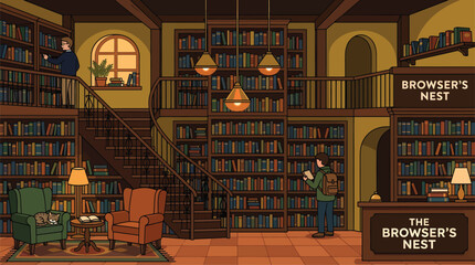 Cozy library interior with bookshelves and reading nooks. © Mucher