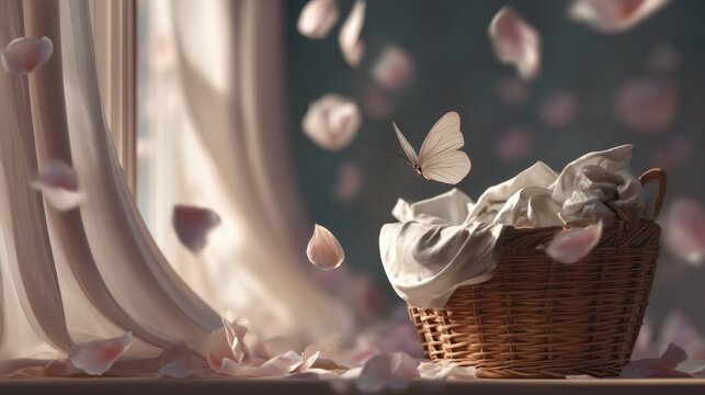 A beautiful white butterfly flying out of a wicker laundry basket with fresh white clothes pink flower petals floating in the air by a sunny window conceptual breeze romantic home background