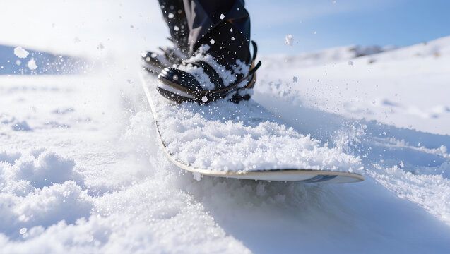 Snowboarder carving through deep powder snow. Professional action shot capturing winter sports dynamics, extreme snowboarding performance, and high-speed mountain riding