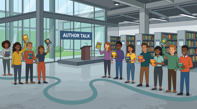 Diverse group of students attending an author talk in a modern library setting.