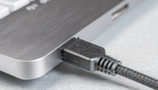 Close-up of a black USB cable connected to a silver laptop on a tax preparation desk setup with financial documents and calculator in professional...