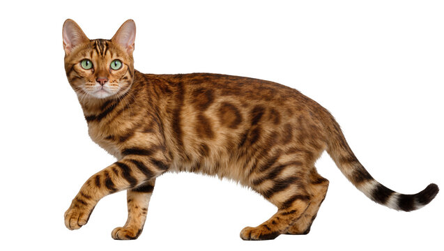 Bengal cat with green eyes walking, spotted fur pattern