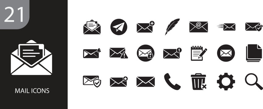 Modern mail icon set featuring messaging, contact, email, and communication vector symbols.