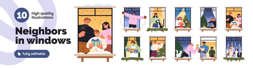 Fototapeta premium Neighbors in windows at Christmas set. Neighborhood community celebrates New Year and Xmas at home. Winter holidays of neighbours in house. Flat isolated vector illustrations on white background