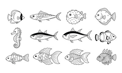 Obraz premium Cute hand drawn sea creatures and fish collection for kids and design.
