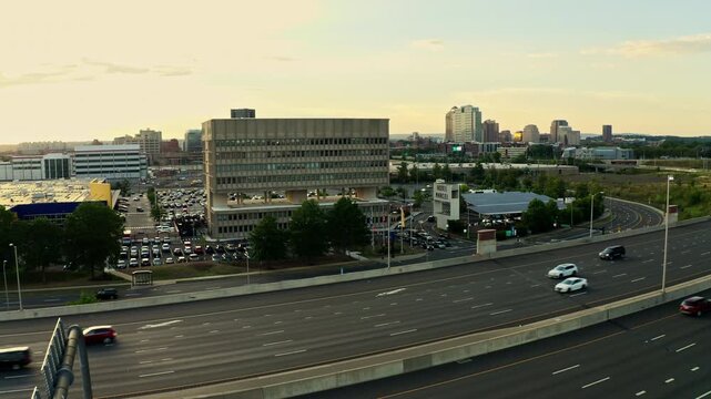 Drone establishing shot of Hotel building in New Haven, Connecticut