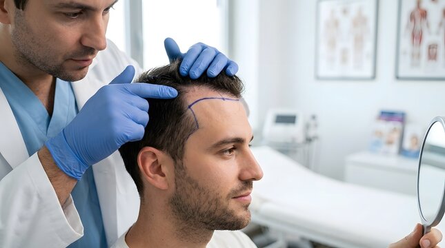 Doctor in blue gloves examining male patient scalp and hairline in clinic for hair transplant consultation, assessing hair loss treatment, representing trichology dermatology hair restoration 