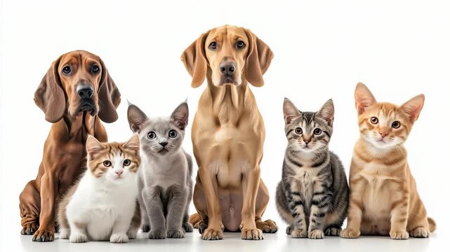 A captivating composition showcases two dogs of different breeds alongside three cute kittens, each displaying unique coat patterns. All set against a pristine white background.
