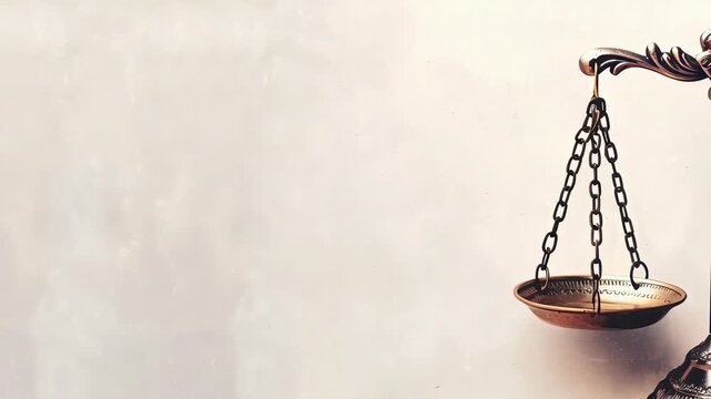 A vintage balance scale is set against a creamy neutral background. The polished metal gleams, emphasizing law, justice, and equity with an air of vintage charm and antique symbolism.