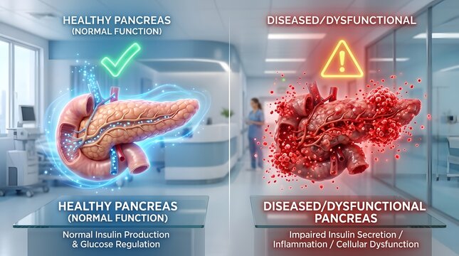 Medical comparison illustration of healthy pancreas versus diseased dysfunctional pancreas with labeled anatomy, diabetes pancreatitis education, representing endocrinology digestive health disease 