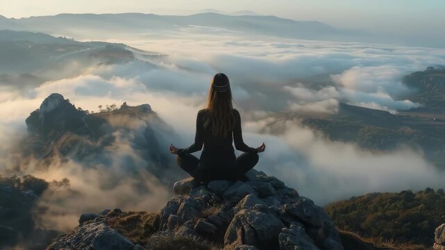 A woman sits in a meditative pose atop a rocky peak. The valley below is filled with clouds that seem to float among the mountain range. The sky is muted, suggesting an early morning.