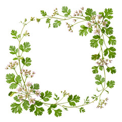 Fototapeta premium Fresh cilantro plant branches with small pink flowers and green leaves arranged as a natural square frame on.