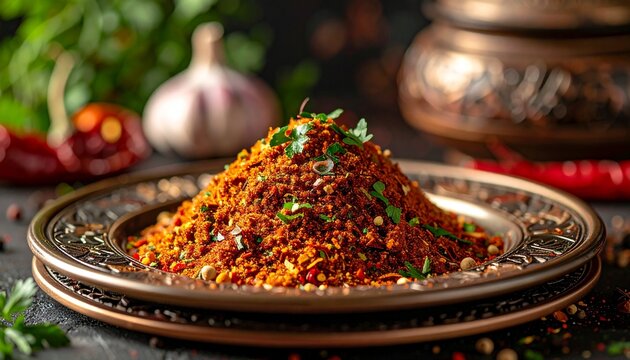 A beautifully presented heap of aromatic dry spice blend served on a vintage metallic plate with fresh herbs and garlic in the background.