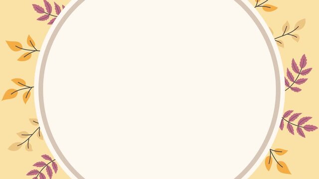 Seamless looping background animation of swinging dry leaves on the sides with a circular text copy space in the center. Flat style seasonal autumn illustration on beige solid color