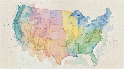 Fototapeta premium Colorful watercolor map of the United States with state boundaries