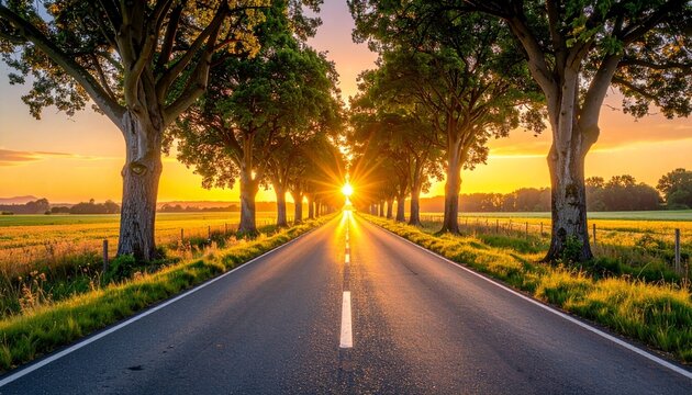 Beautiful country road lined with lush green trees illuminated by a stunning golden sunset providing a peaceful scenic view for travel.