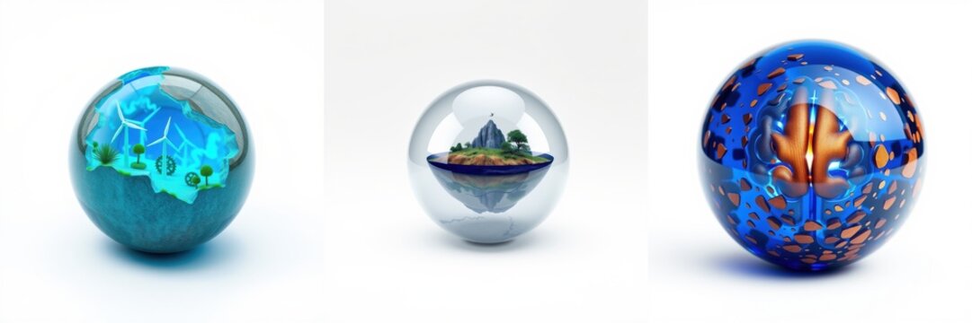 Three glass spheres display miniature landscapes. Windmills, island, abstract patterns visible inside each orb. Bright colors, glossy surfaces.