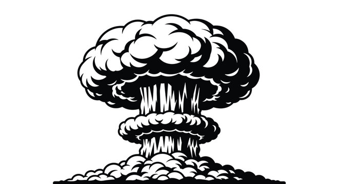 Black and white vector illustration of a powerful nuclear explosion mushroom cloud isolated on a white backdrop.