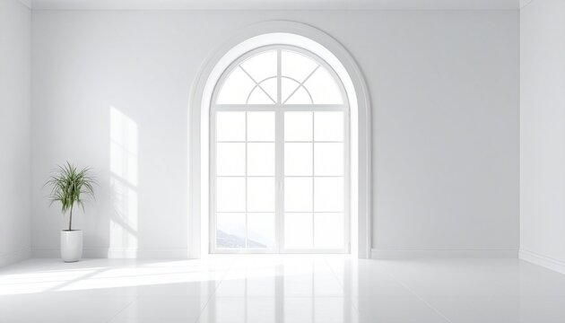 A bright minimalist room interior featuring a large arched window with natural sunlight streaming onto a clean white tiled floor background.