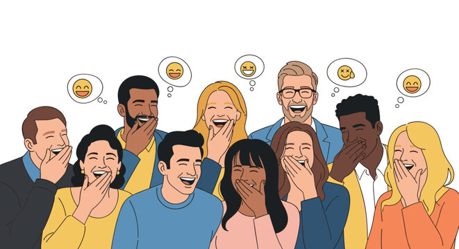 Group of happy multiethnic people laughing out loud with positive energy and humor thought bubbles.