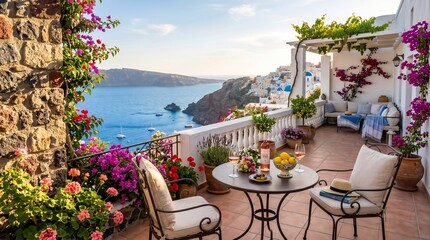 Terrace overlooking the Aegean Sea in Santorini, Greece, featuring a vibrant array of bougainvillea (Bougainvillea glabra) and potted plants © Miftah