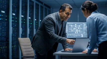 Fototapeta premium Professionals Analyzing Data Center Network Diagrams Together Including Collaboration, Technology Team, Server Room, Infrastructure Planning, IT Management and Computer Servers