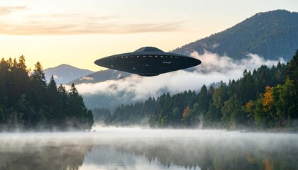 Fototapeta premium A mysterious unidentified flying object hovering over a scenic misty lake surrounded by dense forest at sunrise in a cinematic landscape view.