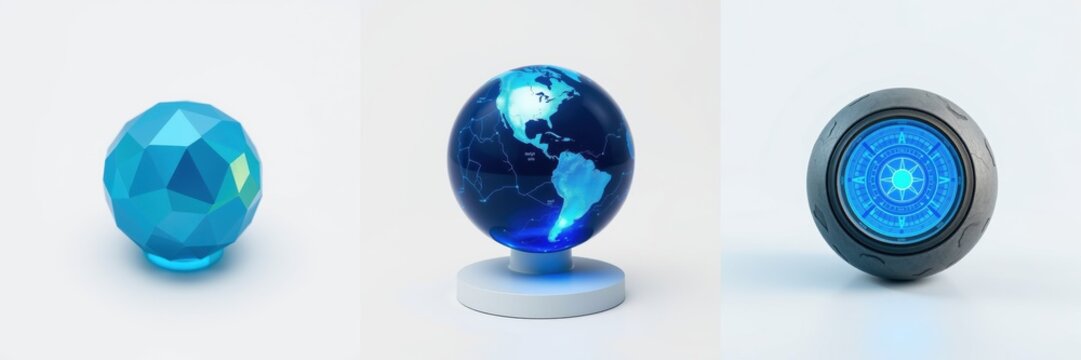 Three blue spherical objects displayed. Geometric shapes, globe, futuristic design. Minimalist studio lighting, clean background.