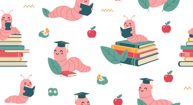 Seamless pattern with cute pink bookworms reading books and wearing graduation caps represents learning and education.
