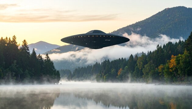 A mysterious unidentified flying object hovering over a scenic misty lake surrounded by dense forest at sunrise in a cinematic landscape view.