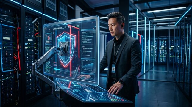 Cybersecurity expert analyzing holographic shield interface in futuristic data center representing digital protection and technology