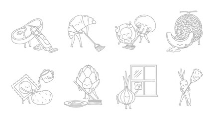 Naklejka premium Anthropomorphic food characters with faces line art icons.