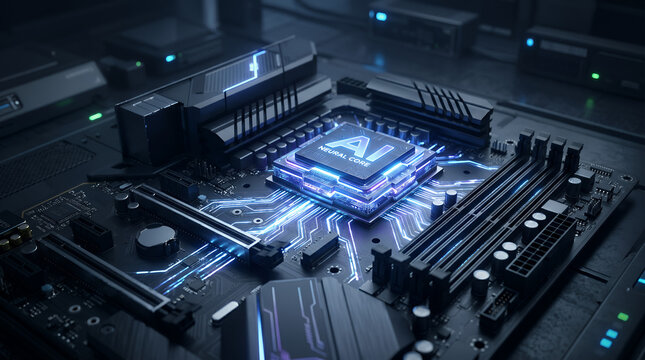 Artificial intelligence processor mounted on a high-end motherboard serves as the central hub for advanced machine learning operations within a sophisticated computing environment for data processing.