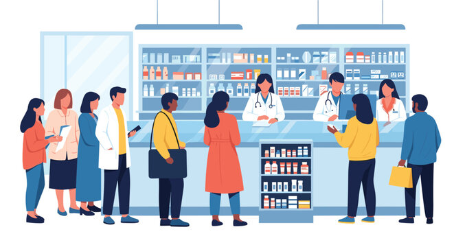 Customers waiting in line to buy prescription medicines at a modern pharmacy counter with friendly pharmacists.