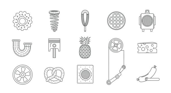 Collection of miscellaneous line art icons on white background