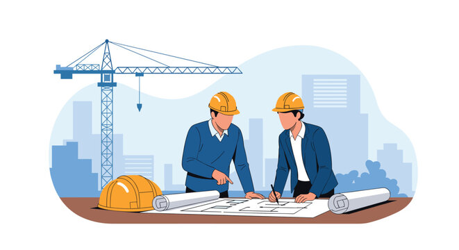 Two professional architects wearing yellow hard hats studying blueprints on a table at a city construction site.