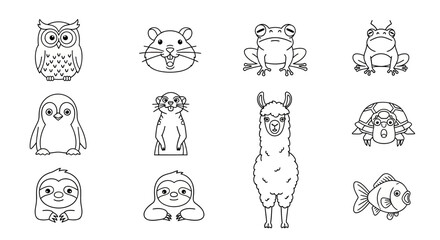 Obraz premium Cute animal line art icons set on white background.