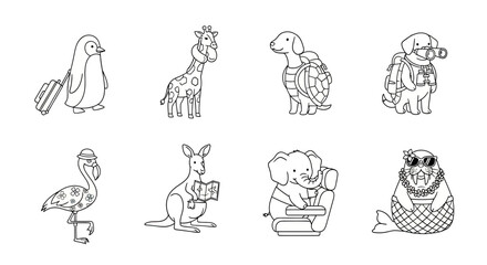 Fototapeta premium Cute animals traveling with suitcases, backpacks, and gear.