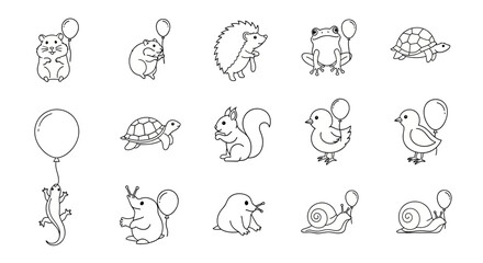 Fototapeta premium Cute animals with balloons and food line drawings.