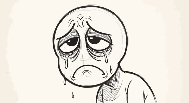 Sad crying character with large teary eyes and exhaustion.
