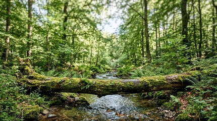 Fototapeta premium Cinematic Wild Forest Landscape with Clean River and Old Log Bridge. Fresh Morning Sun Light in Jungle, Environmental Protection and Ecology B-Roll.