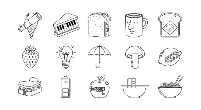 Miscellaneous objects and lifestyle doodle icons.