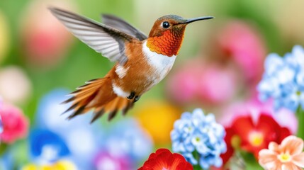 Obraz premium Rufous Hummingbird Hovering Among Vibrant Spring Flowers in a Colorful Garden Scene