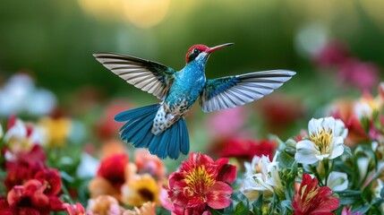 Fototapeta premium Brilliant Blue Hummingbird in Flight Surrounded by Blooming Colorful Garden Flowers